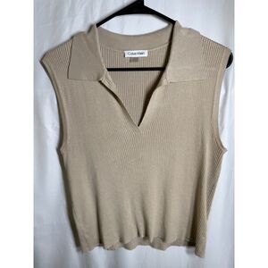 Calvin Klein Beige Ribbed Knit Sleeveless Polo Sweater Top Women’s XL